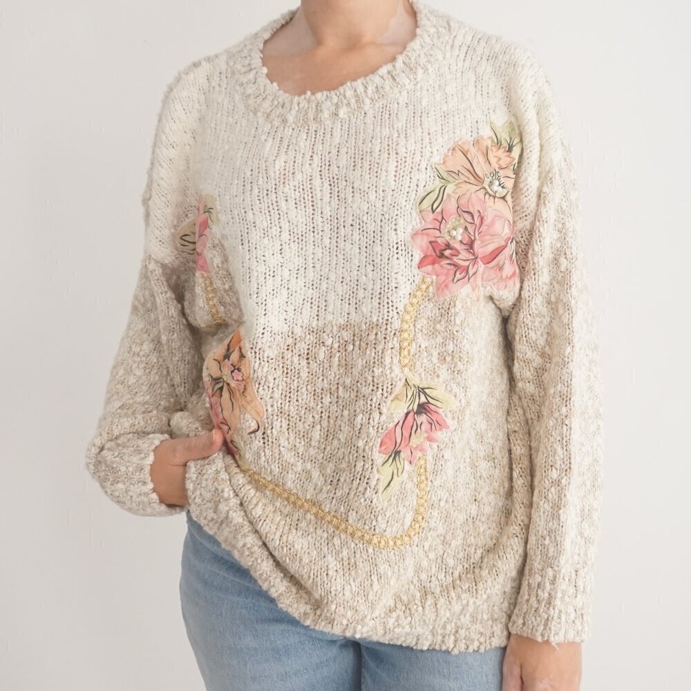Vintage Cream Knit with Pink Floral Appliques Crewneck Sweater XL